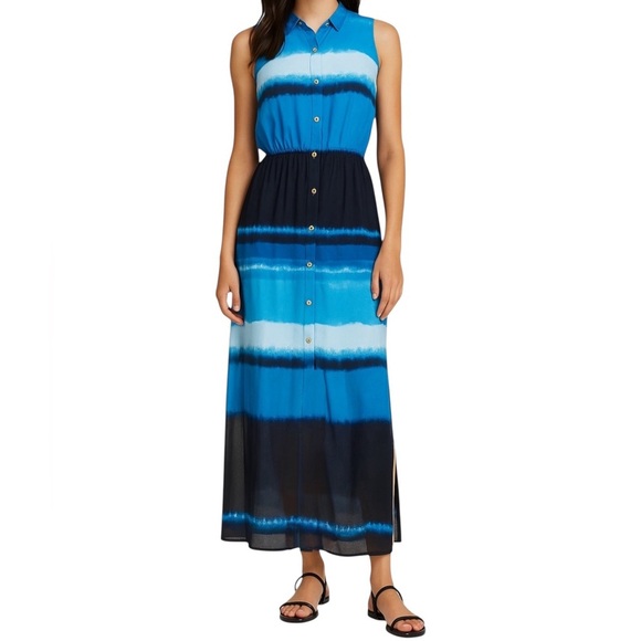 Michael Kors Sleeveless Maxi Dress Blue Ombre Button Front Pockets Slit M NWT - Picture 1 of 11